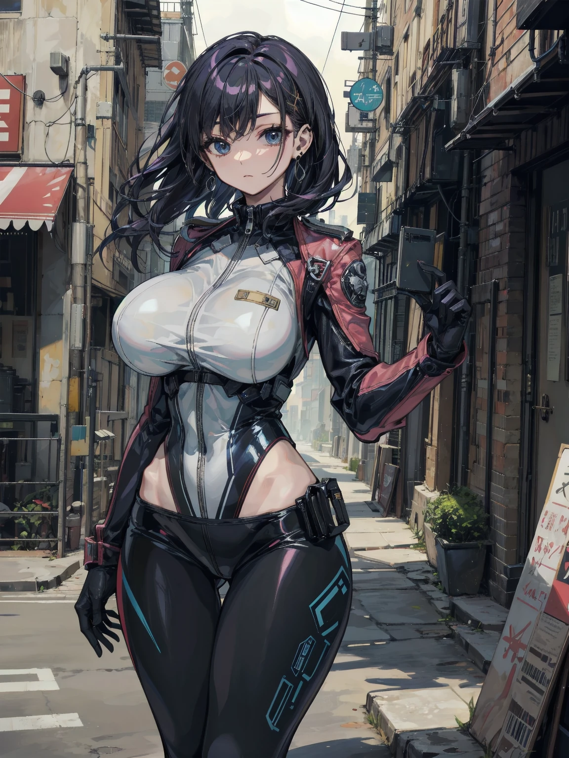 (Best Quality, ultra-detailed, master piece, in 8K, All women, Back alleys in the shade, one's subjective point of view,),lady wearing a mask in body suit, ( don't have anything in hands, sky-blue medium hair, purplish red eyes, enormous breasts, It feels so good, she's in love with, glad, eyes closed),