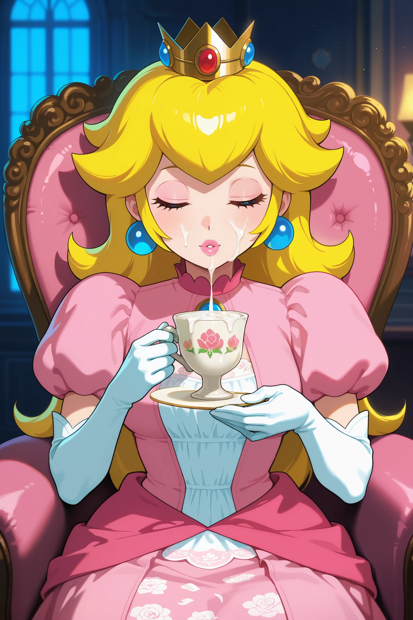 highres, newest, anime screenshot, anime_coloring, 2d, 1girl, princess peach, cum in cup, drinking cum, detailed facial features, elegant posture, serene expression, sitting on a pink chair, delicate floral pattern on dress, warm lighting, soft pastel colors, cinematic composition, digital painting, ultra-detailed, 8k, photorealistic, intricate fabric textures, ornate decor, glowing skin, depth of field, vibrant colors, dramatic lighting