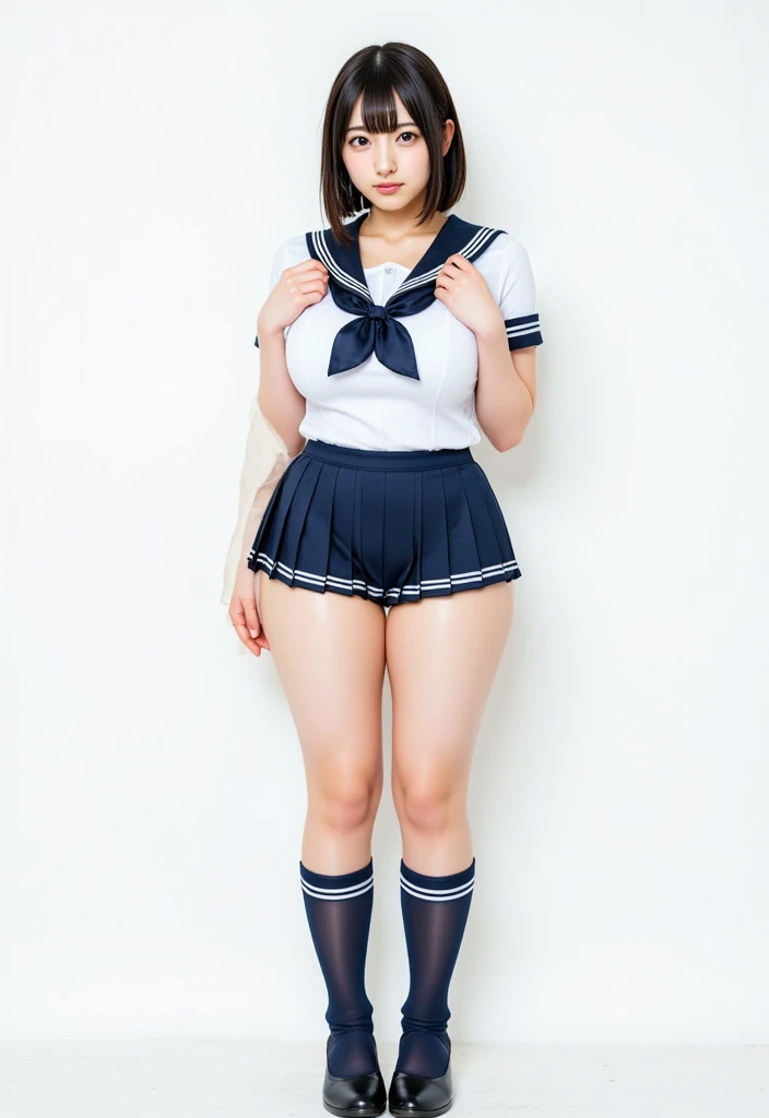 (16K, HDR, High resolution), ((((Full body photo,Raw photo, Hyperrealism, masterpiece, highest quality, ultra High resolution)))), (Pin Light, Backlight,Cinematic Light), ((((Japanese school girl uniform,Sailor suit,Lift the edge of your skirt a little bit,Dynamic pose,Sexy pose),Camel Toe,Panties digging into pussy,Reveal uniforms))), (Hyper Detail, finely), 1 Korean Idol, (((Shooting from below,Panty shot,Angle to look into pussy:1.3))),Beautiful Goddess,Archaic Smile,Ahegao,Narrow waist,Perfect Style,Huge breasts,Very heavy chest,Big Ass