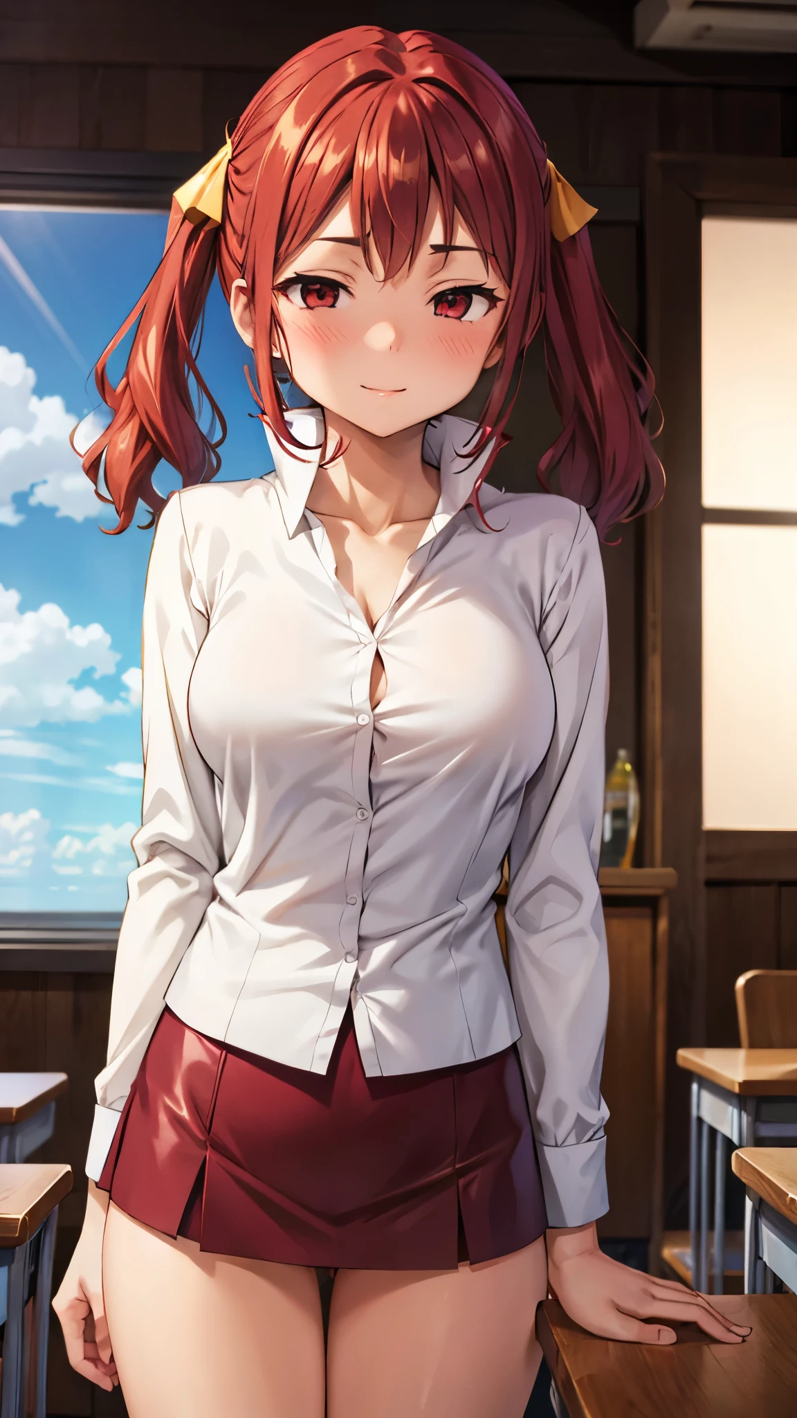 (super quality,super high resolution,16k,Super Masterpiece,Ultra HD ,detailed shading and background,) upper body shot from below,Sexy high school girl,twin tails,white shirt with the sleeve turned back,The Valley of the Chest,red miniskirt,white panties,cover,smile,Leaning forward greatly, evening classroom ,