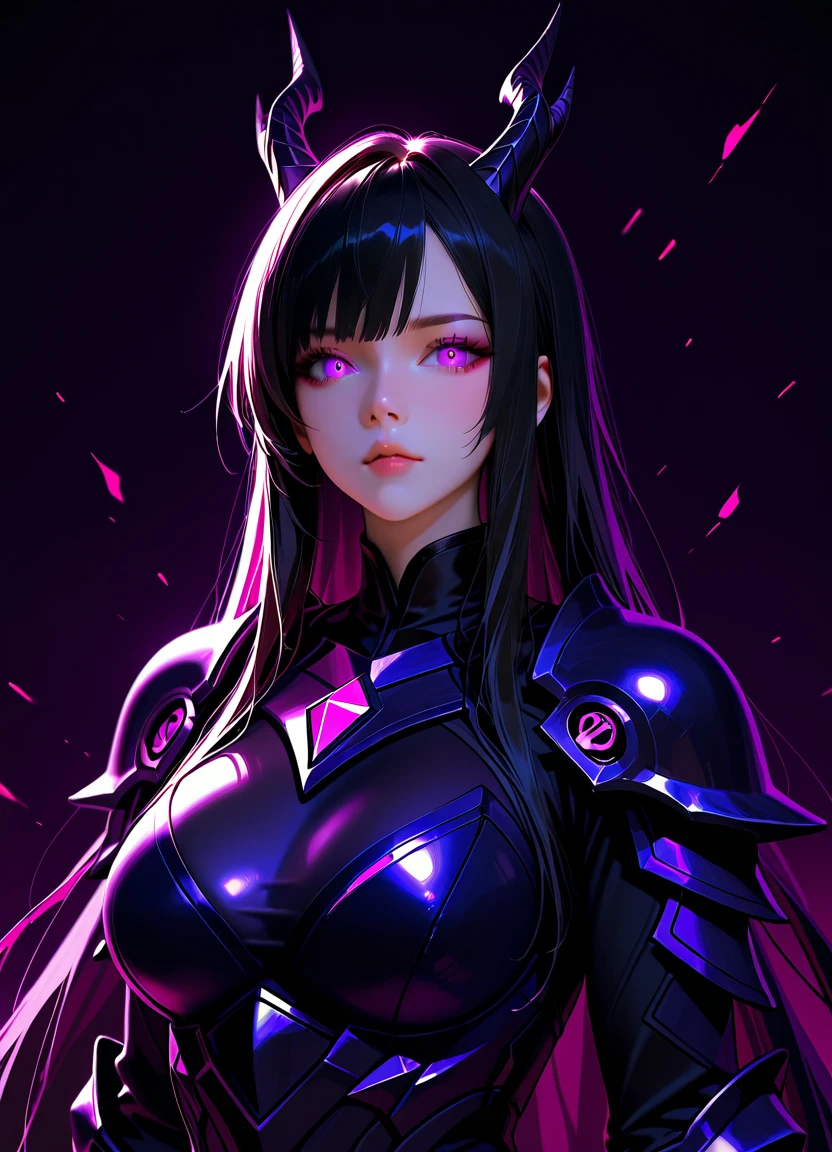 ((solo)). female character around 30 years old. mature body without many special attributes. wearing black clothing, a cyberpunk style outfit. she has a cheeky smile. red eyes. long purple hair with straight bangs. She wears eyeliner and black lipstick on her lips. she looks a model on a magazine cover. a combined neon and greyscale color style