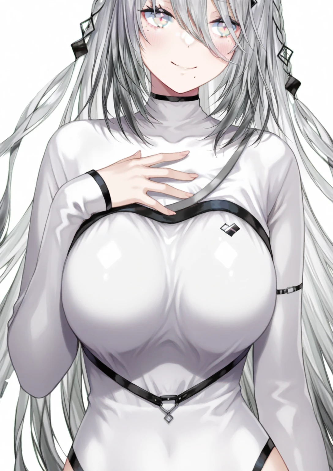 a black and white drawing of a woman, black and white manga style, heavy gesture style closeup, hands pose, with index finger, thick black lineart, feminine pose, black and white manga panel, black and white manga, white long hair, ( detailed face:1, (nude),detailed illustration, large breast:1.6,bottomless:2, topless,), navel, bare shoulders, thighs, ((foot, armpits, crying expression:1.5, perfect anatomy, beautiful body curve,(sex:1.6) ,pov)),spread legs, black background, proportional anatomy, horns, long_hair, dragon_horns,abs:1.4