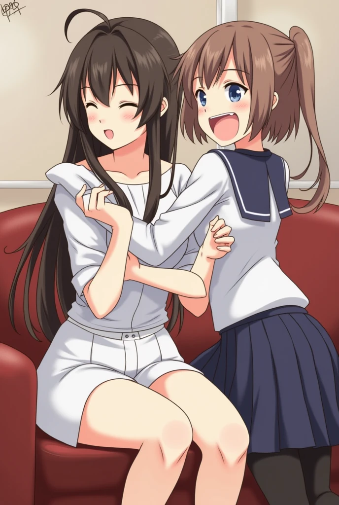 Anime illustration of two girls in a prison cell. They are dressed in orange prisoner jumpsuits and are hugging and kissing.