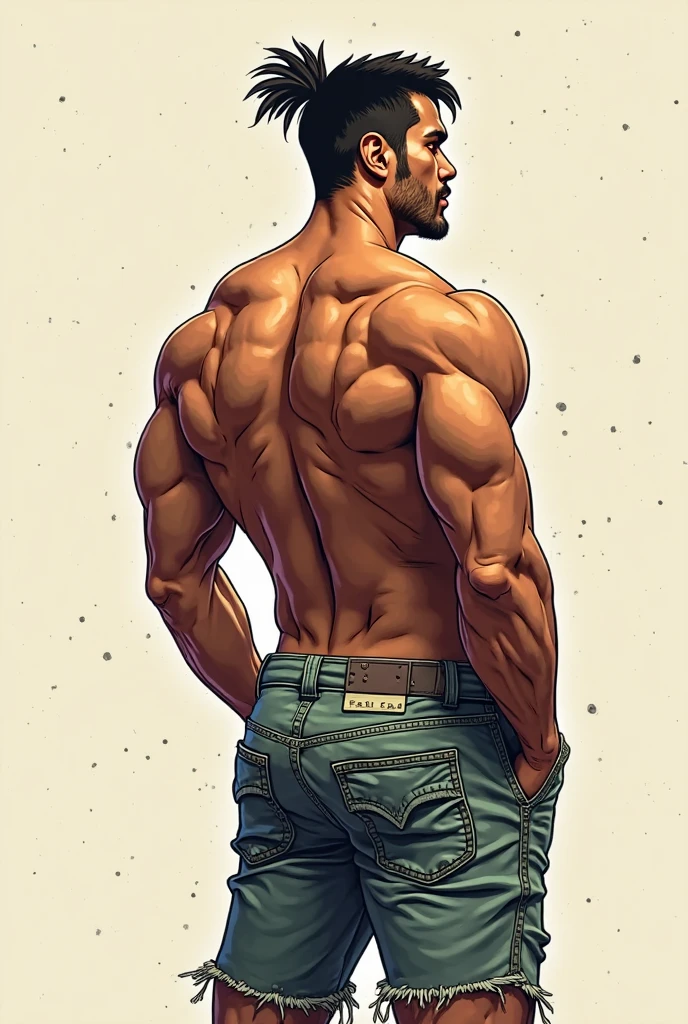 He's a big boy with Short gray hair, calm golden eyes, intense gray eyebrows with eyelashes of the same color, light brown skin, a scar on his left jaw, Serious facial features. He has no  beard and no mustache. + He is in his fifties. Full body. Big muscular body, Big butt, Muscular legs. Blue white Jeans backside, bent over backside 