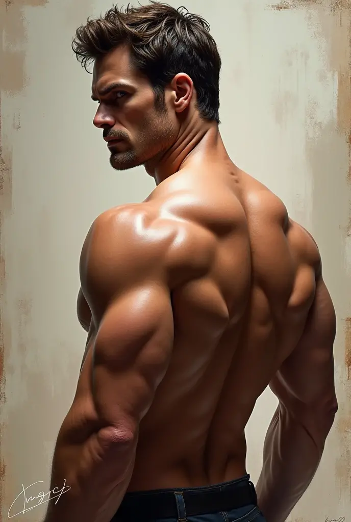 Shirtless and wearing white pants、A 35-year-old Japanese, bare-chested, skinny physique athlete with a black belt, shaved head and moustache is leaning his back against the wall in a dimly lit dojo, bending his knees and glaring straight ahead.,Side-on whole-body image,Lower your arms