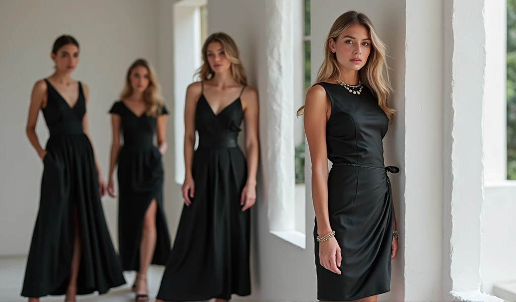 best qualityer:1.4), (ultra high resolution:1.2), (photorrealistic:1.4), (8k, CRU photo:1.2), 2 24 year old women in the photo. They are twins. One is wearing a knee-length black dress and black high heels.. The other one is wearing a green knee-length dress and black high heels.. Long straight black hair. eyes browns. They are next to a colored cube. They are in a photography studio with a white background . They are Brazilian