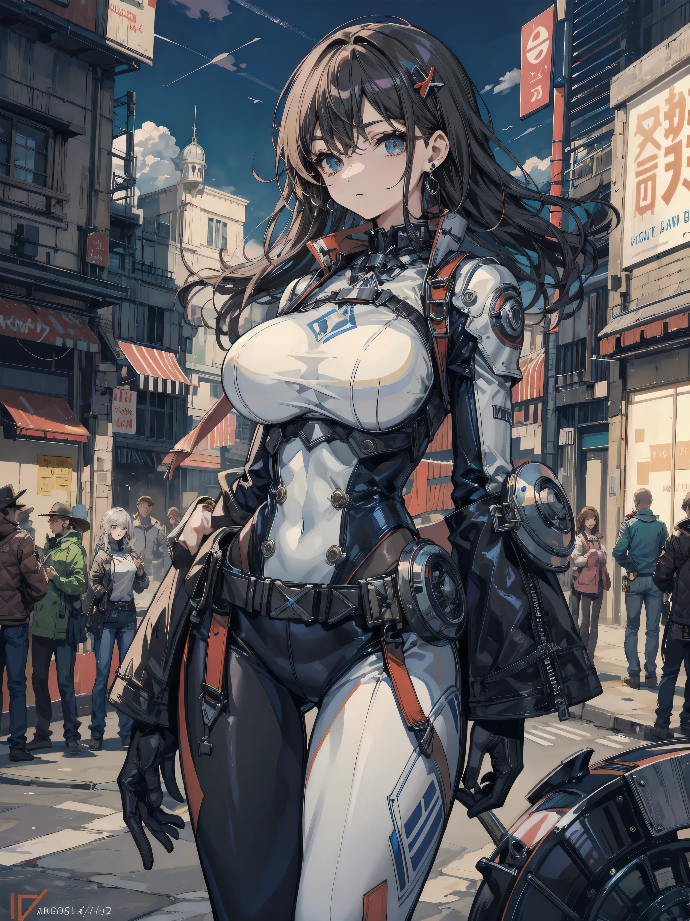 1girl, brown hair, brown eyes military armour and military helmet gray, guns with straps, gray background dust and city, big boobs,