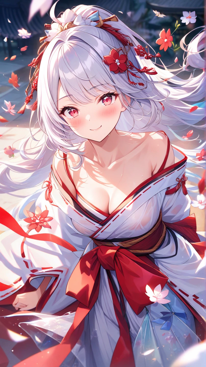 Highest quality、Masterpiece、Super detailed、8k、4K、1 girl、Gray Hair、Fluffy, soft, loosely curled long hair、Golden Eyes、White kimono with crane pattern、Lace cape、White and gold ribbon hair accessory、Cherry Blossoms at Night、moonlight、Cleavage、smile、Embarrassed expression、Big Tits、Cherry blossom field