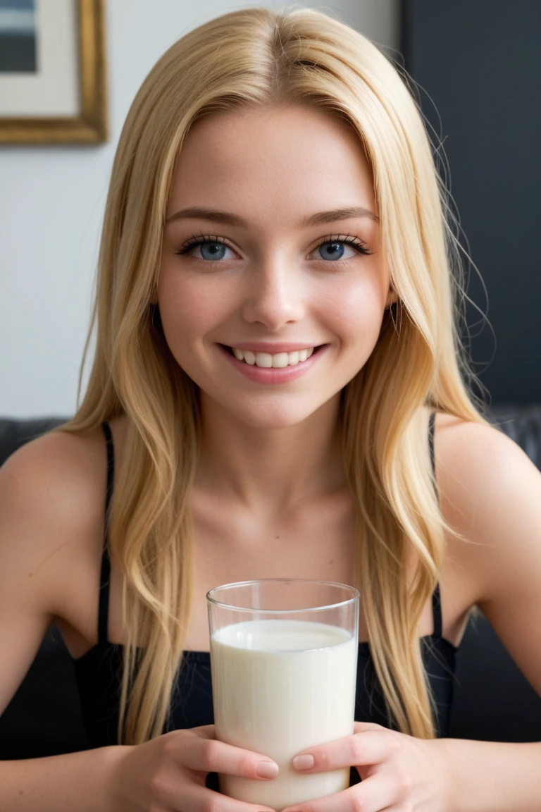 spread legs,Fully open labia majora,Gulping down milk,Completely naked,beautiful russian woman,sexy,blonde bob hair,Big blue eyes,smile,making a peace sign with both hands,Square facial features