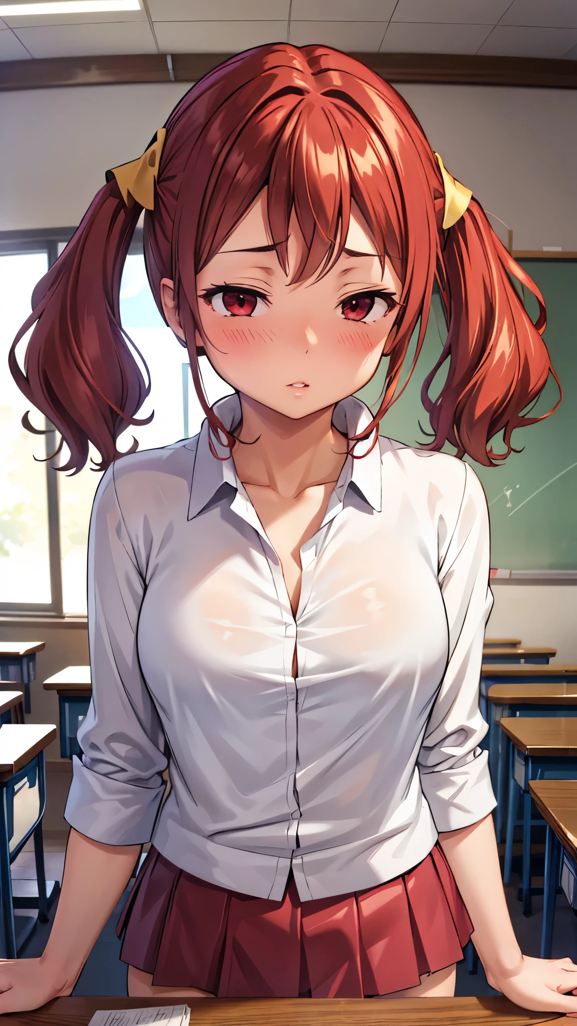 One girl,chest,hand (Chainsaw Man),The eyes are round,Red background,alone,large chest,smile,View your viewers,belly button,Braidinged ponytail,Braiding,Red eyes,Simple Background,No bra,bangs,Underbust,Grin,Upper Body,Long Hair,Side Lock,Stomach,Lips parted,Garment Lift,From below,spot color,formal,Red Theme,Raise your hand、Spread your legs、Sex、uniform、high school、Sit at a desk、classroom、blackboard、underwear
