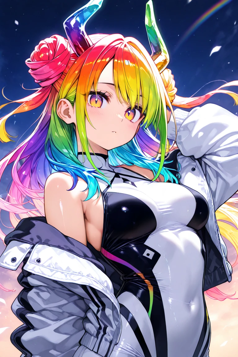 (masterpiece,best quality,ultra-detailed),1girl, rainbow hair, multicolored hair,very long hair,messy hair,(((multicolored skin, rainbow skin))),small chest, multicolored military jacket ,((grey theme)),in a forest,((multicolored animal print clothes))