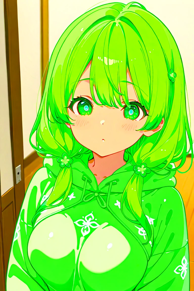 a green skin girl,, Baby Face, , Dwarf ears, Green Skin, Very detailed, ((masterpiece, Highest quality;1.3)) , bikini、hoodie、An innocent smile