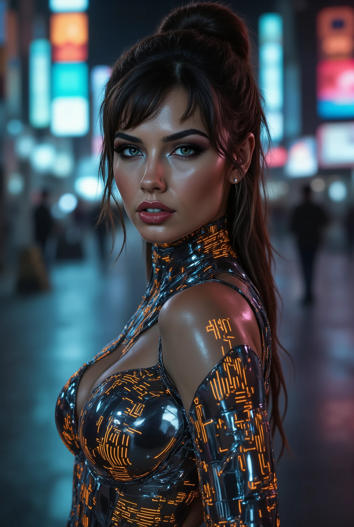 Close-up from behind of a stunning woman turning her head slightly to reveal her intense, glowing blue eyes. Her silver and chrome bodysuit’s intricate circuit patterns pulse softly orenge light, with the off-shoulders design framing her sculpted shoulders. Reflections of holographic billboards dance across the metallic fabric. The futuristic cityscape behind her is alive with neon lights and robotic drones. Hyper-realistic details, dynamic lighting, and a powerful, enigmatic mood