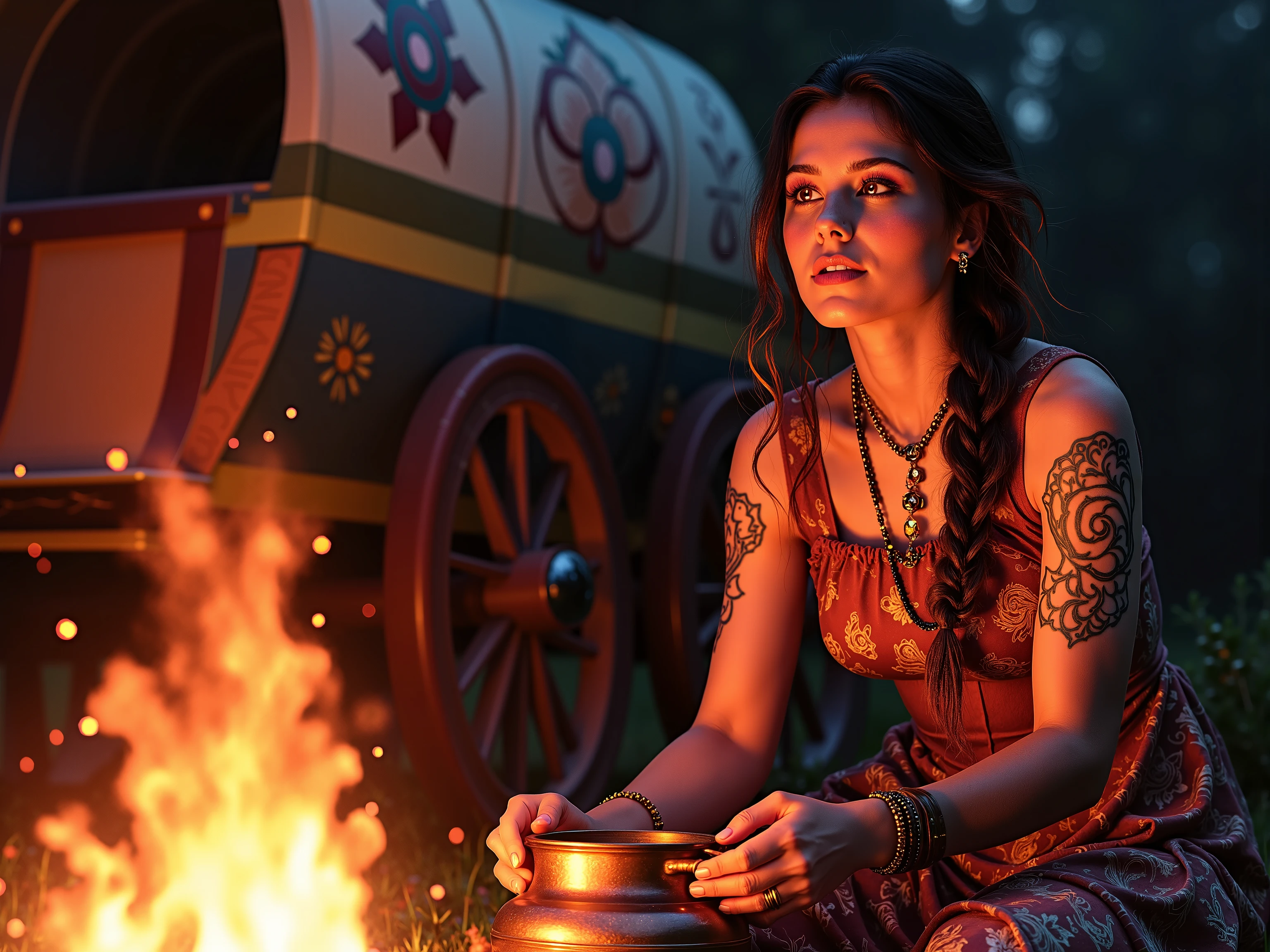A woman with mahogany hair (partially braided) sings by a campfire, her hazel eyes catching the flames. Flower tattoos dance in the firelight as she stirs a copper pot. A painted wagon behind her shows Romani symbols. Warm tones, motion blur on embers, folklore aesthetic