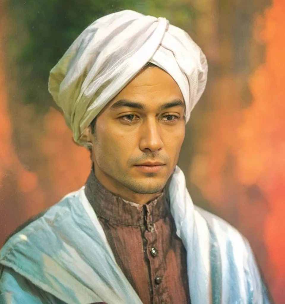 Indonesian Muslim man, 40 years old, wearing a white turban, Islamic clothing, perhaps a robe. A white cloth with a checkered city motif that can be seen crossing over the shoulders. You can see an heirloom keris with a black handle tucked into his waist. wrinkled brown skin color according to age, oval shaped face, slightly long oval chin, clear clean slightly large eyes, long natural black eyebrows, small tall nose, small thin lips, has a thin mustache and a thin beard. HD quality realistic images.