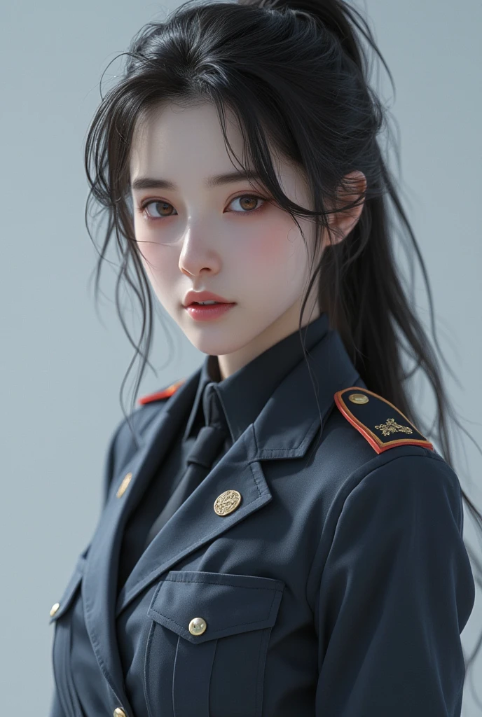 Cute lady , black military uniform , NSFW (New South Wales) , wave perm, masterpiece , Highest Quality , Masterpieces , realisitic: , portrait of a , Standing