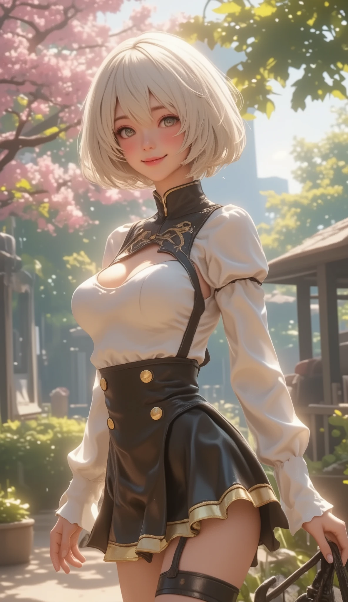 (Top Quality, masterpiece, award winning work, 16k), 、((a spring break, YorHa No.2 type B on spring break, a trip to Disney resort, walking through Disney resort: 1.2))、white bronde short hair, ( delicate facial expression、Delicate hair expression、Delicate Eye Expression:1.5), (smiles:1.2), (raised and crisp bust:1.2), (lifts the chest:1.2), (Perky breasts :1.2), , ( double breasted,Underbust:1.2), button gap with, Minnie mouse costume, selfie, walks under trees、spring sun shine, Clothes from strong winds blow up、 petals are blown away by strong winds