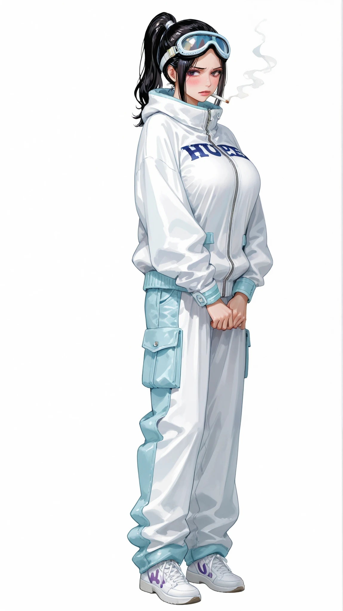 Five fingers、ArtStyle_OnePiece_MangaColored _ownwaifu、usnr、onepiecestyle、(onepiecestyle:1.2)、alone、girl、超details、pastelアート、(has a pure white background:1.4)、details、detail eyes、pastel、 beauty、Big Breasts、（full body:1.2）、upright、 standing、embarrassed expression、realistic、black hair、ponytail、cool beauty、Riders Jacket、goggles、 cigarettes