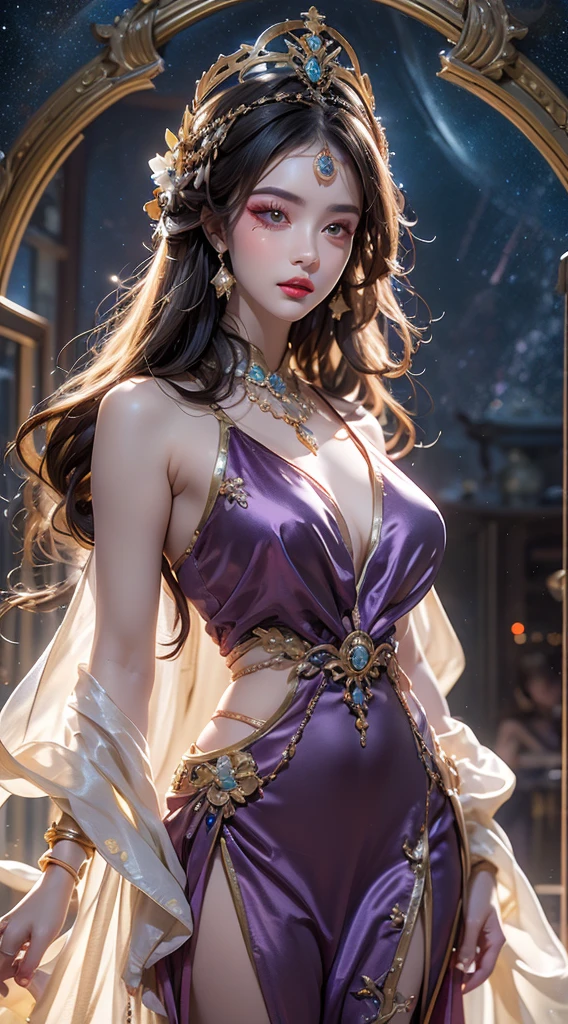 woman, beautiful lunar mystic, ornate scarlet dress, long flowing dark hair, small lunar symbols, silver crescents, arts nouveau, sparkling eyes, full lips, soft focus, creamy details, creamy scarlet and lilac colours,high detail