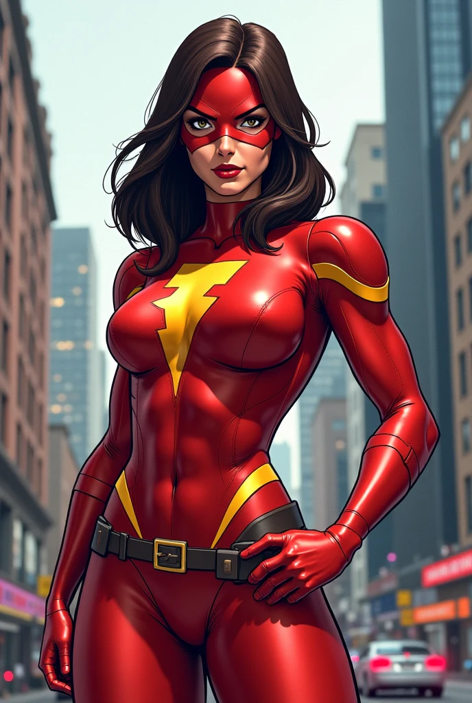 masterpiece,best quality,extreme detail,8k,image sharpness,<lora:flash-20:0.6>,flashwoman,1girl,solo,breasts,looking at viewer,brown hair,gloves,lips,bodysuit,mask,animification,upper body,standing pose,(curvy),electricity,