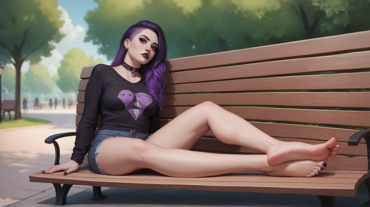[ggas_fishnet], [Claire (the summoning)], [Uploaded to e621.net; (Pixelsketcher), (wamudraws)], ((masterpiece)), ((1girls)), ((solo portrait)), ((full body)), ((furry; anthro)), ((detailed fur)), ((raytracing)), ((detailed shading)), ((beautiful 3D art)), {anthro; (white fur, black nose), pink pentagram on forehead, long blue hair, dark blue slit eyes, frown, (short sleeve black tee shirt, tight denim skirt)), (goth boots; dark blue laces), (fishnet thigh highs:1.3), (camel toe:1.2), (light blue panties:1.3)}, ((sitting on bench; (attractive pose:1.3))), [background; (park; nighttime, (starry sky:1.2)]