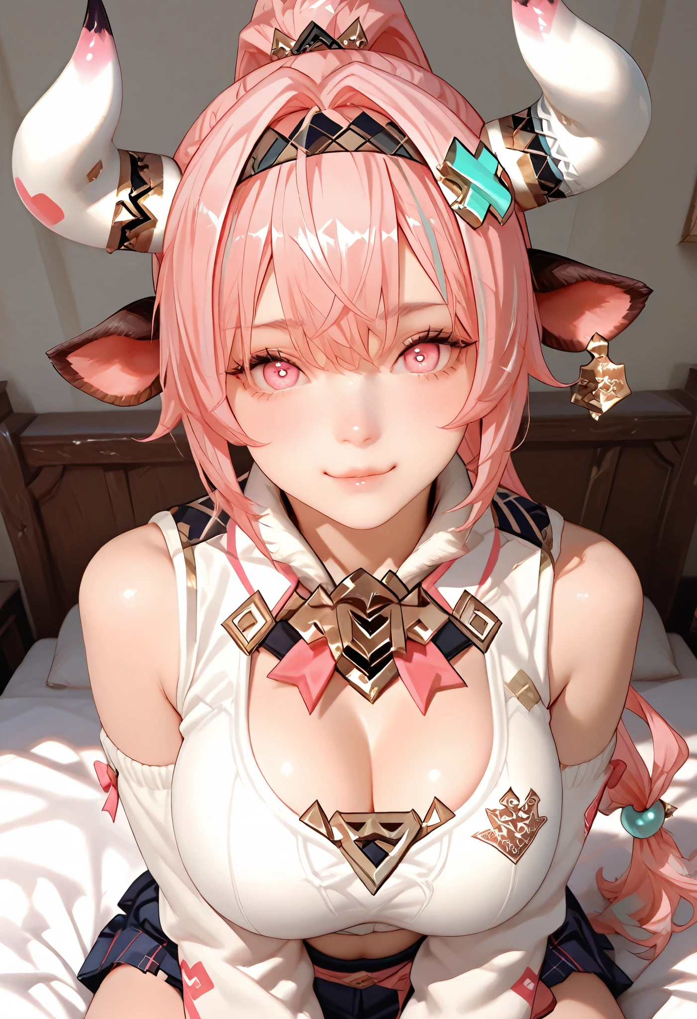 ultra detailed realistic busty varesa half body, pink hair, pink eyes, white tanktop uniform, background, ray tracing, ponytail hair, sitting on the bed, cute face, has cow horn and ear accessories on head