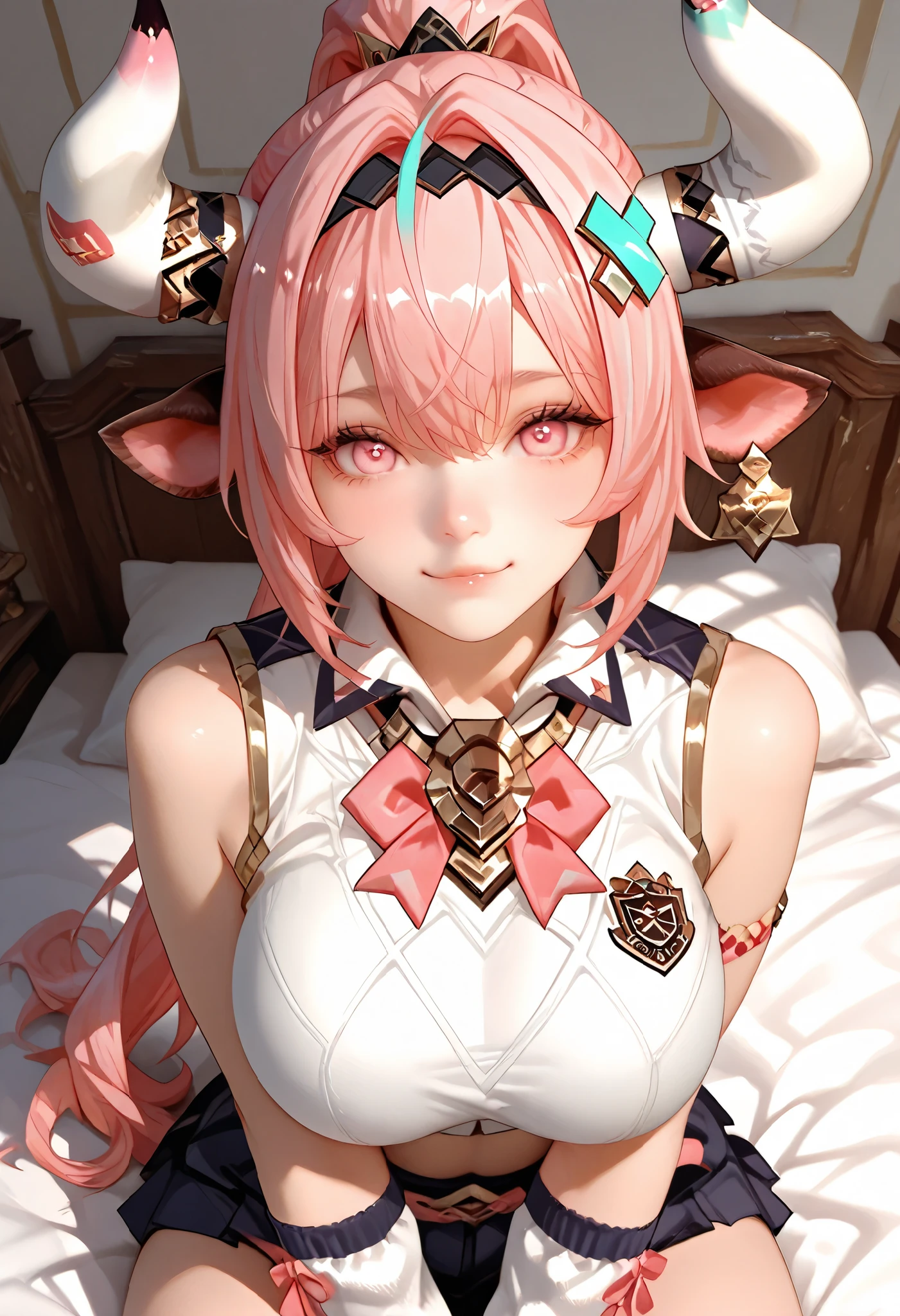 ultra detailed realistic busty varesa half body, pink hair, pink eyes, white tanktop uniform, background, ray tracing, ponytail hair, sitting on the bed, cute face, has cow horn and ear accessories on head
