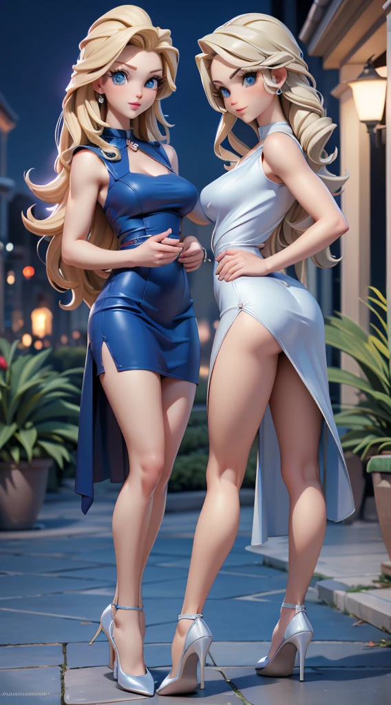 NSFW,(Natural finger shape:1.5),((Full Body Shot,Including face)),Standing position,4K,masterpiece,((Focus on the face)),((Symmetrical facial features)),Beautiful woman,Excellent style,Beautiful feet,,(High heels),Detailed depiction of the face,Small earrings,necklace,,((Sleeveless,skirt)),blue blonde,(Panty shot:1.2),