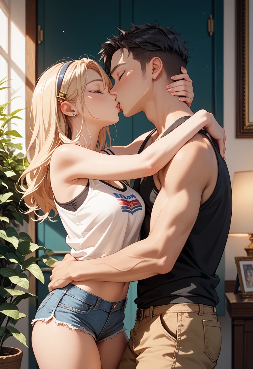 Man and woman, at bedroom aggressive kissing kiss, staring intently to eyes. No one look at front. Man Hugging woman from back and kissing, Lovers. Hand on the waist. Hand on the neck. Hand on the face.
20-year-old boy and 18-year-old girl. Detailed face, Detailed eyes, double eyelid, cute, sunny, warm vibes, Handsome-cool-warm-boy with brown hair and hot-seductive-sexy-cute-beautiful-girl with blonde hair and blushing face. Intimate vibes.