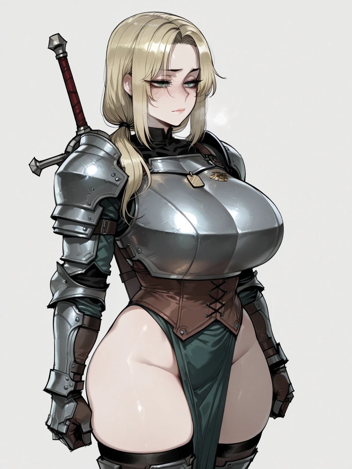 8k ((short body:1.7))((full body view)),(large eyes:1.3), (long hair:1.4), defined cheekbones, (((female dwarf:1.5))), ((the pit style:1.4))((medieval armor:1.6)) ((rusty shoulder armor:1.4))detailed face:1.5), pale skin,(puffy lips:1.5) (pale skin:1.6) ((sexy pose)),((gigantic breasts:1.5)), )highly detailed, majestic, digital photography, art by artgerm and ruan jia and greg rutkowski, ((blonde hair:1.5)), (masterpiece),((wide shoulders:1.5)) sidelighting, intricate details, (((black and brown color palette))), (((short height))), ((white legs:1.4))((black torso:1.4))((slendered abs:1.2))