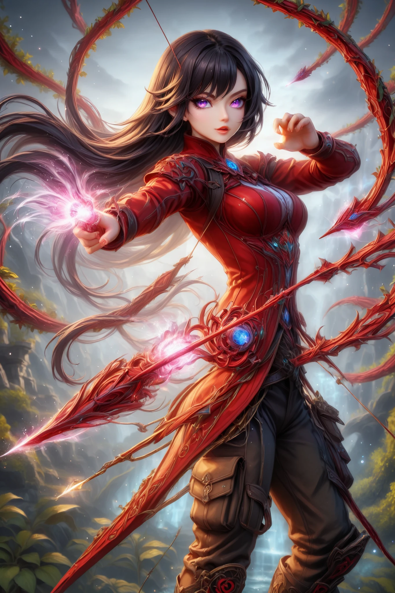 (masterpiece, best quality), amazing quality, very aesthetic, absurdres, newest, HDR, 8K, high detail RAW color art, gacha splash art, 1girl, purple eyes, multicolored eyes, black hair with pruple streaks, very long hair, medium breasts, long sleeves, black corsett, black cargo pants with side pockets, black boots, solo, dynamic pose, Bow and arrow, cool pose, ((red vines on weapon)), surreal, white background, blood, splattered bood, red lilies, magical, fantasy, magic, glittering, glow, chromatic aberration, glowing particles,, clear eyes, perfect eyes, perfect anatomy