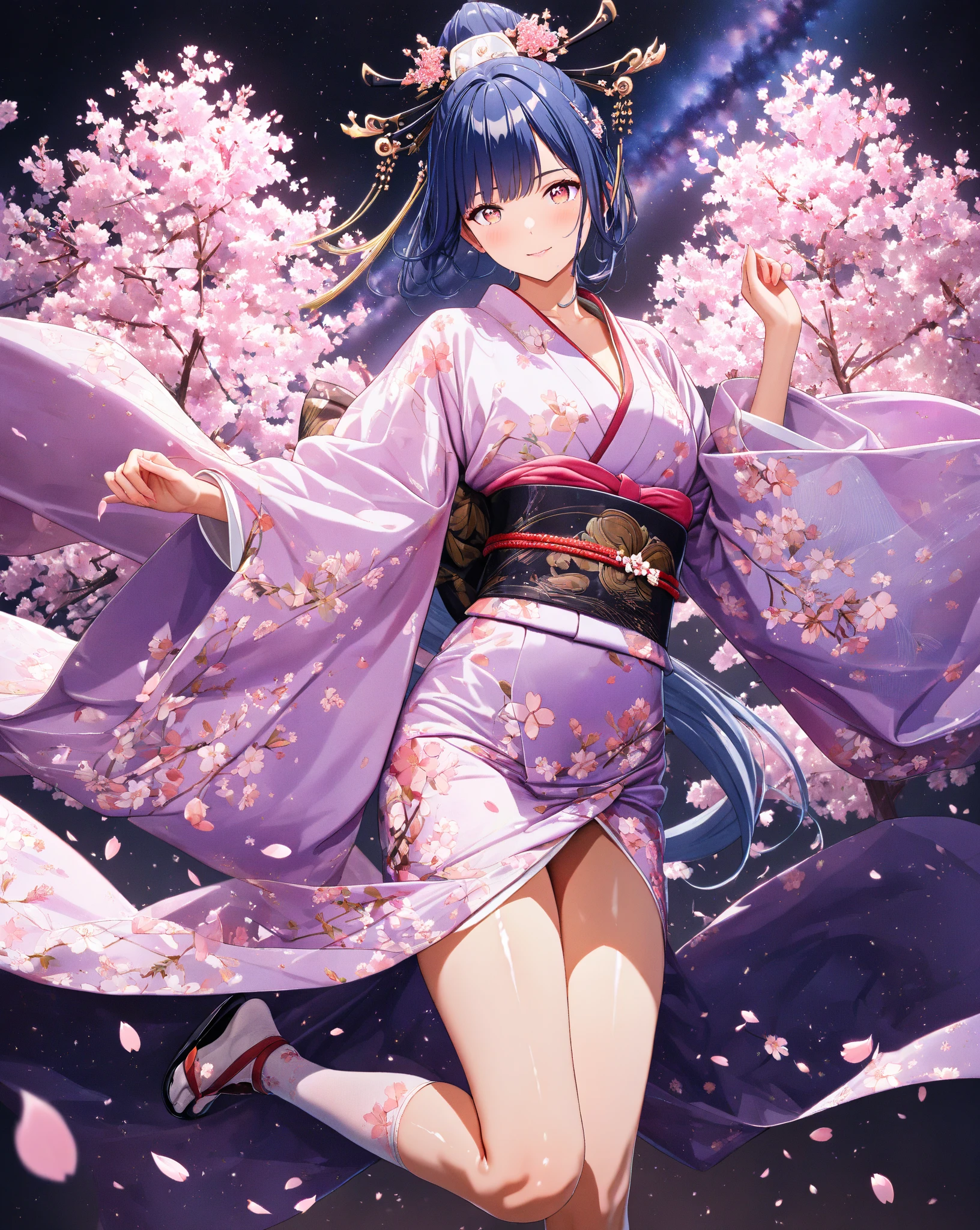 1girl, a distant girl in a kimono staring at the stars, (zoomed out: 1.1), (meteor shower: 1.2), (comet: 1.1), your name, low angle, from behind, northern lights, shooting stars, yukata, red kimono, cherry blossoms, Standing in the field, best quality, masterpiece, cloud, colorful, starry, stars,