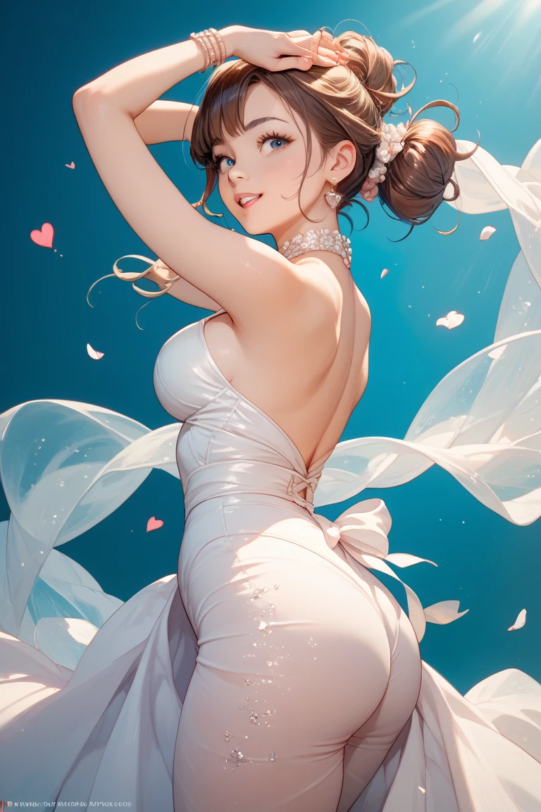 Please follow the all prompts below exactly and faithfully, This is a breathtaking masterpiece of digital illustration, with maximum resolution, UHD, 512K, 2160p, 10 million ppi, 300 million dpi, natural color tones, ultra sharp details, perfect outlines with contrast, ((smooth, soft and clearly and most realistic skin and hair texture)), most beautiful detailed eye features, perfect anatomically correct human body, beautiful background with depth, rule of thirds, depth of field, Maximize all element is used to its full potential to create the best digital illustrations, 1woman, sexy, 25years old, beautiful face sharp, elegant woman, Ultimate perfect body style, beautiful beautiful big breasts, Maximize upturned breasts, green eyes, shiny blonde hair, short hair, bob cut, (eyes visible through hair:1.3), glossy very thick lips, pink lipstick, smile:1.5, 
Elegant Evening Gown: A long, flowing gown with a halter neck and intricate lace details on the bodice. The gown is made of lightweight chiffon fabric, with a fitted waist and a floor-length skirt that has a subtle train. The back of the gown features a keyhole cutout.