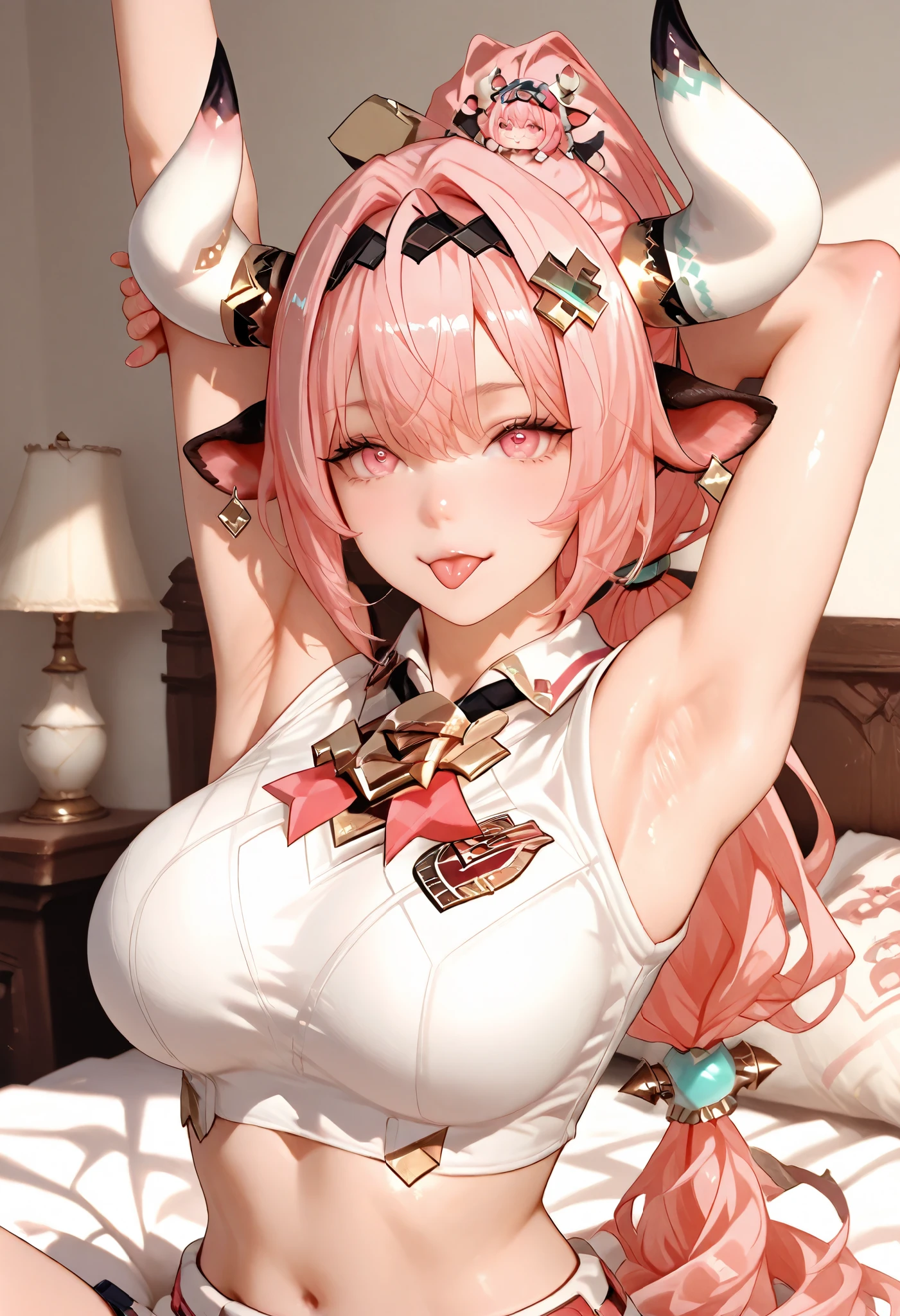ultra detailed realistic busty varesa half body, pink hair, pink eyes, white tanktop uniform, background, ray tracing, ponytail hair, sitting on the bed, cute face, has cow horn and ear accessories on head, tongue out, stretching pose, perfect armpit