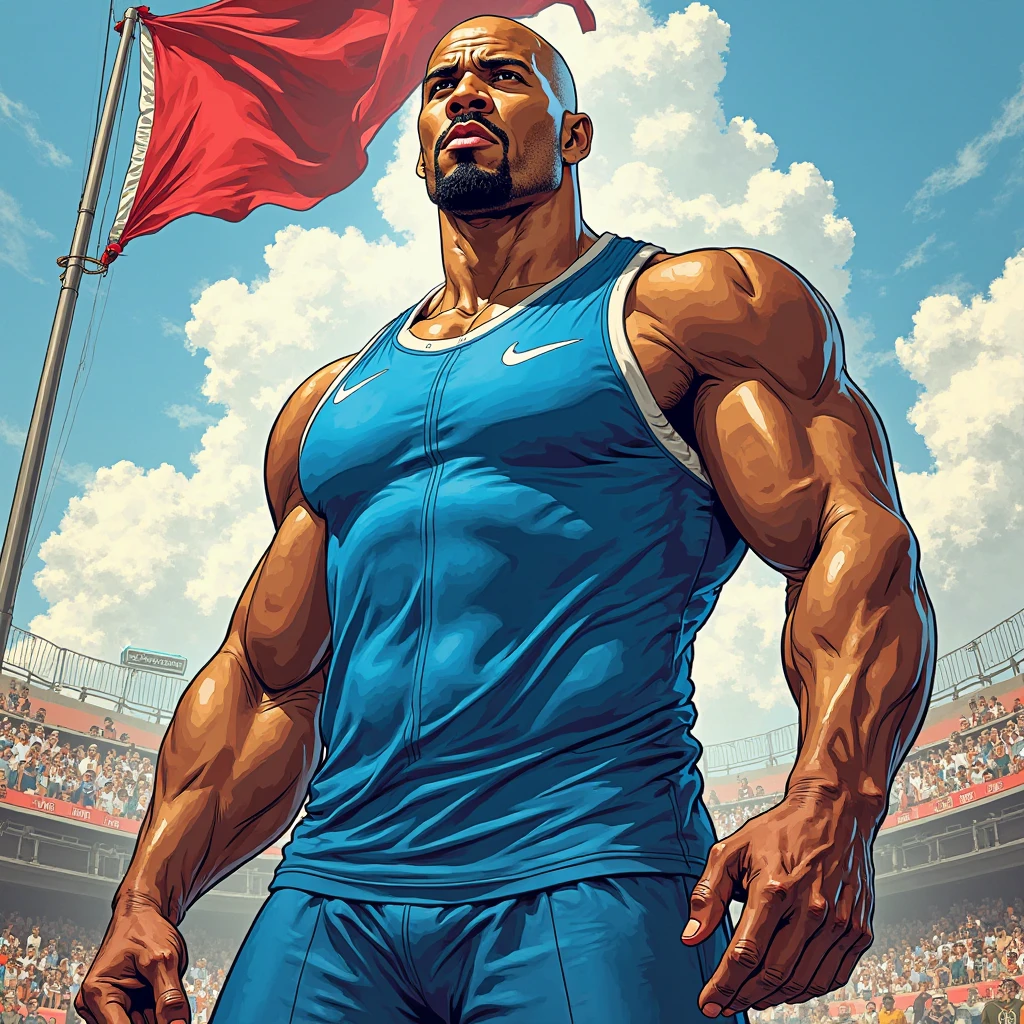 Robust champion man, torso exposed, legs bare from thighs to feet flowing long curls, meticulous muscle definition, lifelike representation, 4K resolution. Background: Stadium filled with cheering spectators,32k uhd, best quality, masterpiece, super detail, high details
