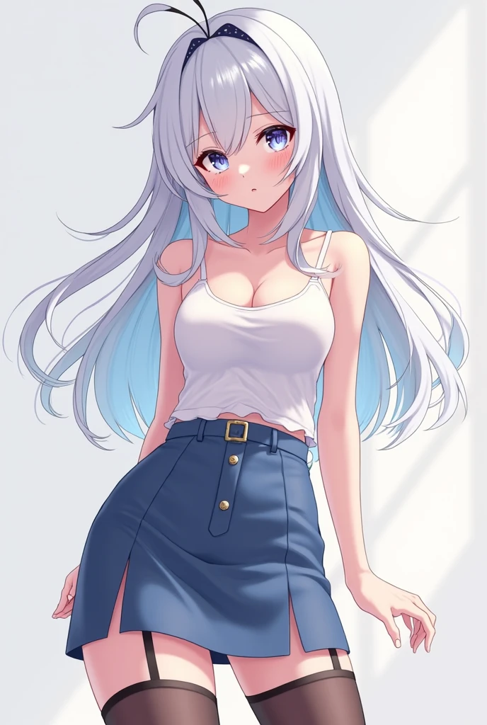 Nejire Hado, 1girl, blue eyes,hair horns, drill hair,twin drills, standing, bangs,,vibrator in thights,black tights,tight t-shirt,collar,leash,embarrasment,looking away,blush,at the school empty corridor