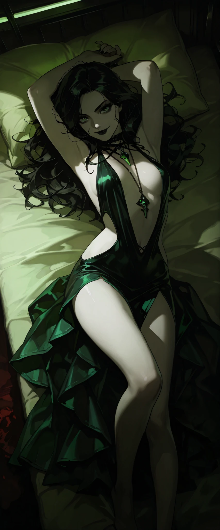 a sexy woman, fog, soft light, (best quality), (masterpiece), (1girl), slim, anime, tall, (lingerie), (front view), (pubic hair), (green eyes), (full body view), (flat chested)