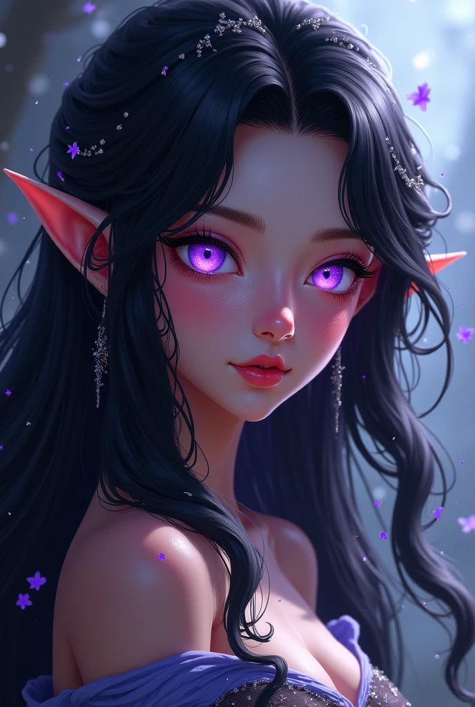 Lilith, the enchanting demon queen. Her presence radiates an aura of dark elegance and power. Render her with flowing, black-to-purple ombre hair that cascades down her back, shimmering with an otherworldly luster. Her skin, a striking shade of gray, adds an air of mystery to her appearance. Lilith's horns, perfectly symmetrical, frame her regal face with an intricate and alluring design. While she lacks a crown, her inherent majesty is undeniable. She has ombre purple eyes, her pupils slit. As she stands in her dark realm, summoning her black magic powers, capture the essence of her commanding presence and the enigmatic allure that defines this captivating demon queen.