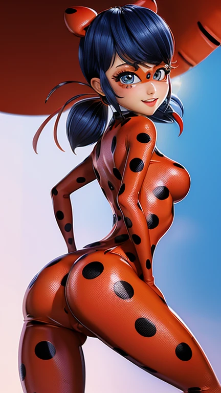 masterpiece, best quality, ultra-detailed, illustration, ladybug, polka dots outfit and más, twintails, big around butt, big boobs, erect nipples