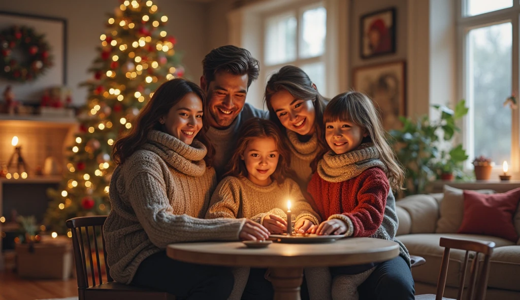 Smiling family with child and Christmas tree in living room, by Hristofor Zhefarovich, holiday season, Christmas, husband, wife and son;, Happy family, holiday, family photo, Eugene Zak, by Aleksander Gierymski, christmas night, Shutterstock, Portrait of a family of three, true realistic image, husband gives his beloved wife and son gifts for Christmas, Europeans, Smile, one tree with gifts, strictly one fireplace ((Best Quality)), ((Masterpiece)), (Detailed), a perfect face, foto realista, Ultra-detailed, realistic natural hands and feet, fingers and toes straight, human, There are strictly five fingers on each hand, HDR, studio lightning, Professional, sharp-focus, physical based rendering, bright colours, portrai