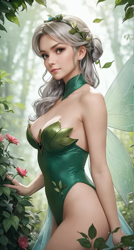 ((top-quality、8K、​masterpiece:1.3))、tinkerbell fairies,🧚,  ((large translucent fairy wings attached to her shoulder blade, scapula)), delicate elven features, blonde pixie hair style, short hair, short curly hair, pixie bob cut, short dreadlocks, Dutch braids, pointed elf ears, ((tight, see-thru, sheer mini skirt with a green cannabis leaf pattern)), skirt is too short to fully cover her freshly, clean shaved pussy, ((slightly lifting her skirt with her hands displaying her beautiful round perfect ass)). see-thru, green leaf patterned sheer tank top that almost cover her large dark nipples, hard nipples, erect nipples, nipples poking through her sheer top, super highly detailed breasts and nipples, bare stomach, medium fat, thick body type, hyper-detailed hands, hyper-detailed face、Detailed lips、A detailed eye、double eyelid、super ultra sexy pinup style pose, full body view, white to green gradient background, gold jewelry, golden pixie dust floats around her. Natural textures. Super cute and sexy tinkerbell. Smooth skin. Sexy green and gold garter belt. Leaf patterned garter. 