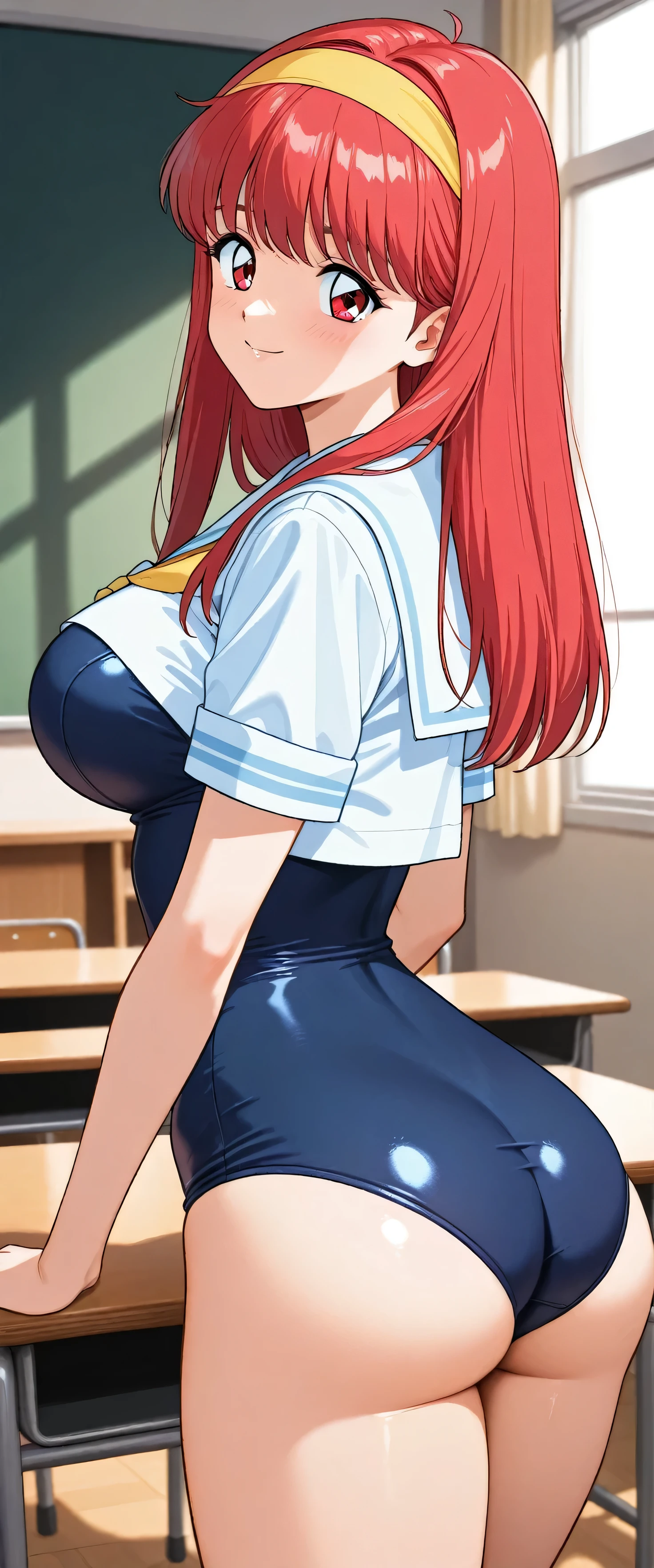 (Navy school swimsuit:1.5),Straight Hair、Long Hair、Shiny light red hair color,(Light blue short sleeve white sailor suit:1.5),The collar is light blue,Yellow headband,The large ribbon on the front of the sailor suit is yellow.,Looks about , (beautiful girl: 1.3),A big smile,Big, round eyes、Eyes are red,Highest quality,8k,Highly detailed CG unit wallpaper,masterpiece:1.2,top-quality,Ultra-high resolution,RAW Photos,real texture skin,Cinema Lighting,Modern Japanese school classroom,The girl is a hood friend of beautiful girl,Big, round, beautifully shaped butt,Fujisaki_Shiori, 1girl,solo, long hair, hairband, red hair, red eyes, large breasts,bags, 1990s \(style\),
