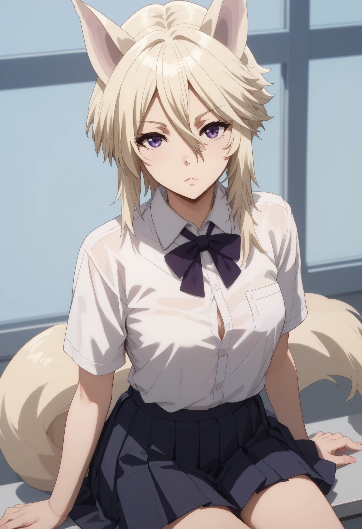 zeta, animal ears, blonde hair, purple eyes, tail,fleckless shirt,clavage,pleated skirt,stokings,sitting.looking at viewer