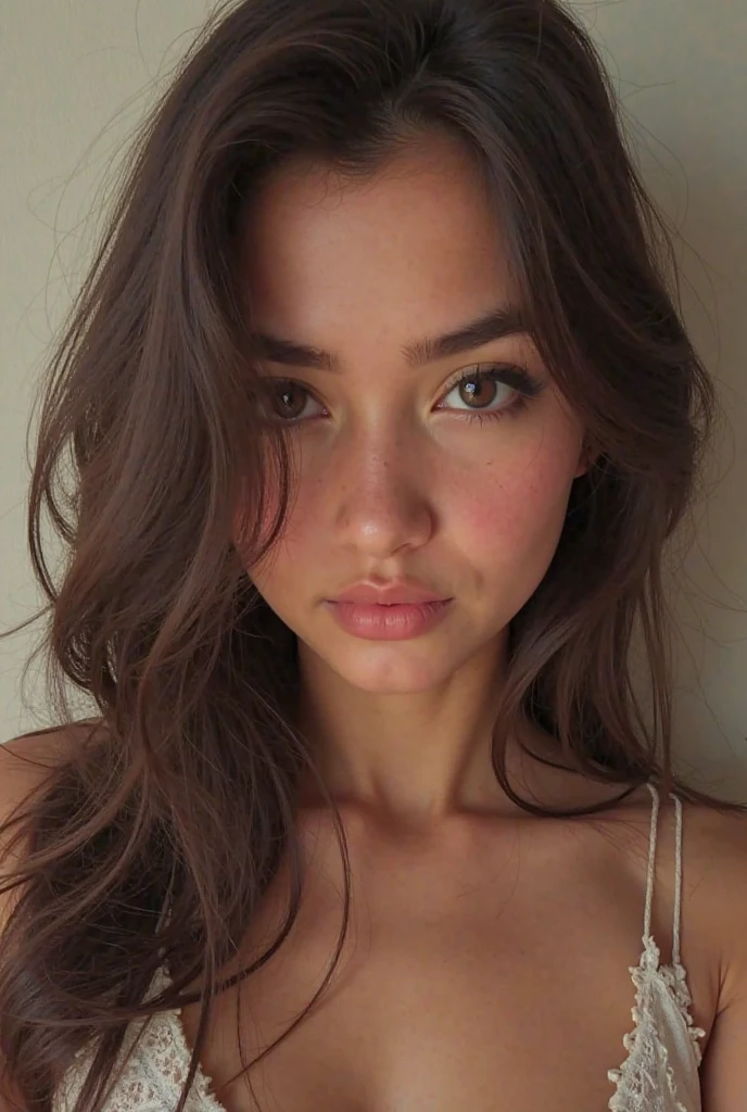 ((Best quality, 8k, Masterpiece: 1.3)), Sharp focus: 1.2, A beautiful woman with perfect body: 1.4, Slim abdomen: 1.2, ((long brunette hair, Large breasts: 1.2)), (no bra) (Small and beautiful hard nipple) (Thin and damp button up to shirt length: 1.1), 1.1, Highly detailed face and skin texture, Detailed eyes, Double eyelid, tanned skin, sexy, tan