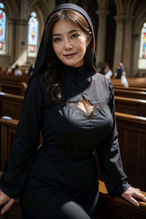 (masterpiece:1.4), (60-year-old woman:1.5), (Facial wrinkles : 1.2), Nasolabial folds, (looking down at viewer : 1.1), (close-up on breasts from below : 1.1), (breasts view at close range), (smirking : 1.3), (seductive : 1.2),(arrogant :1.15), (captivating eyes :1), pores, dull skin, skin blemishes, motherly mature woman, (long beautiful hair), enormous saggy breasts, plump body, (dressed as a catholic nun), (black clothes), (partially see-through dress : 1.2), (sheer dress : 1), lace fabric, detailed backgrounds, (old church), (dim atmosphere), gloomy, rosary, cross, dark lighting