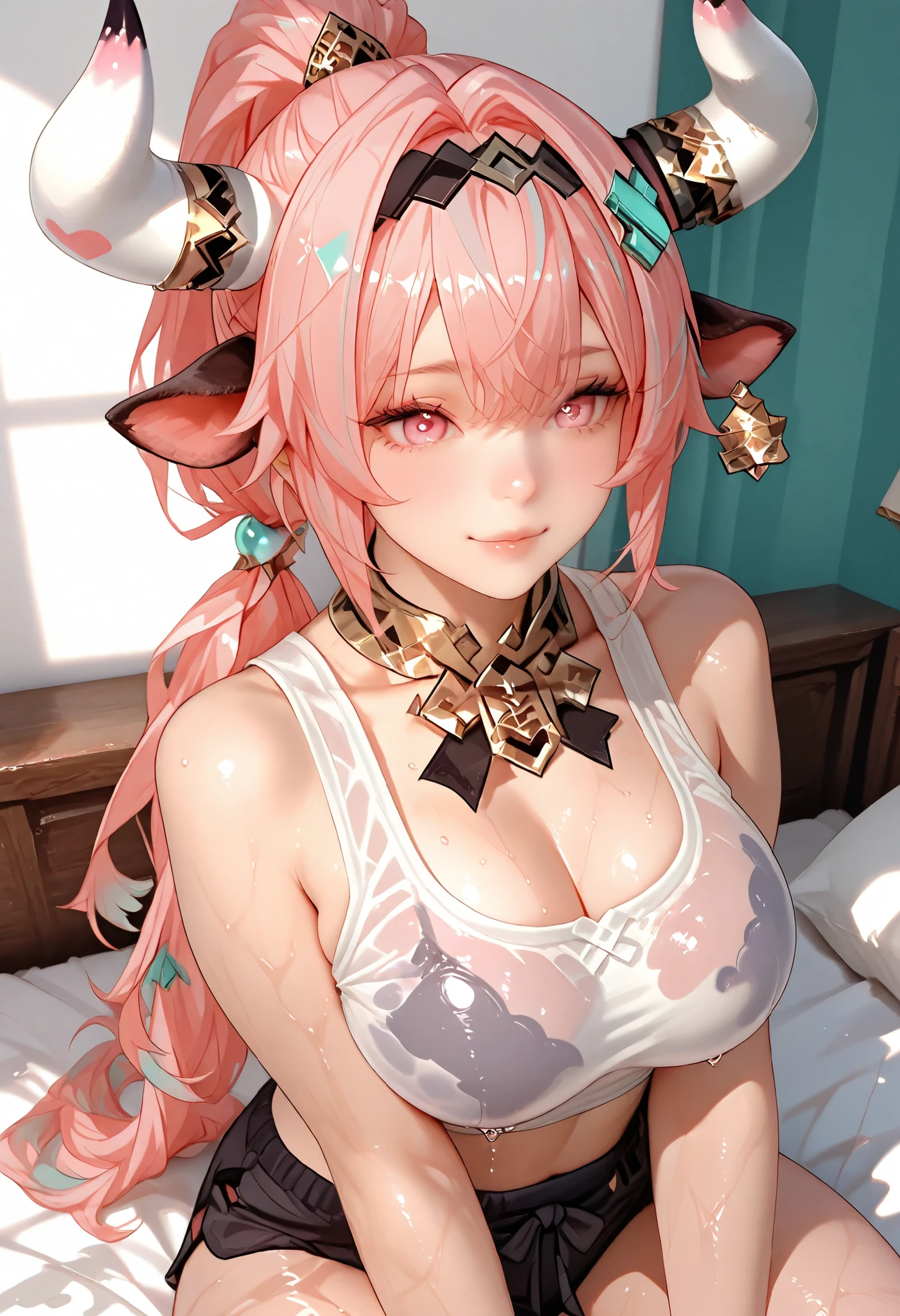 ultra detailed realistic busty varesa half body, pink hair, pink eyes, white tanktop wet, background, ray tracing, ponytail hair, sitting on the bed, cute face, has cow horn and ear accessories on head