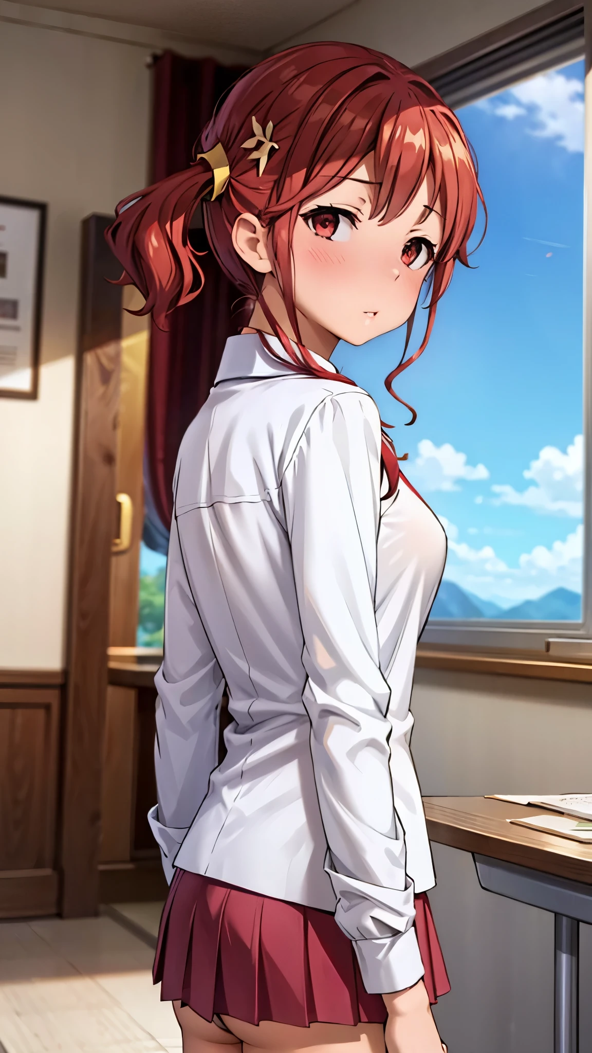best quality, (​masterpiece:1.2), Illustration, most absurd, (1 girl, alone), (beautiful detailed girl), ((upper body, portrait)),, Hals MacMillan, shorth hair, Red hair, blue eyes, medium breasts, blue crystal earrings, White jacket, , Cool, quiet, Viewers look at,, in the elegant bedroom, natta, windows, Curtain, Starry sky, lamp, bookshelf, nattastand, vase, desk,
