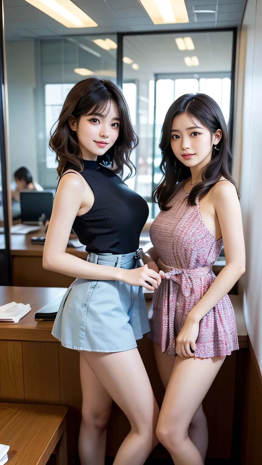 ((masterpiece))、((Highest quality))、photograph、reality、High resolution、Advanced Depth of Field、become close、Realistic lighting、Delicate facial features、Realistic Background、(The whole body is shown:1.2)、(Looking at me with a smile:1.3)、(Slender:1.5)、(Thin and beautiful legs:1.5)、(Narrow waist:1.5)、(The background is an empty room:1.2)、(Looking at me with a smile:1.5)、(Three Girls:1.5)、(They look friendly in the photo.:1.5)、(Neat clothes:1.5)、(Female announcer:1.5)、(Big Breasts:1.2)、(Erect nipples)、(Tight sleeveless dress:1.5)