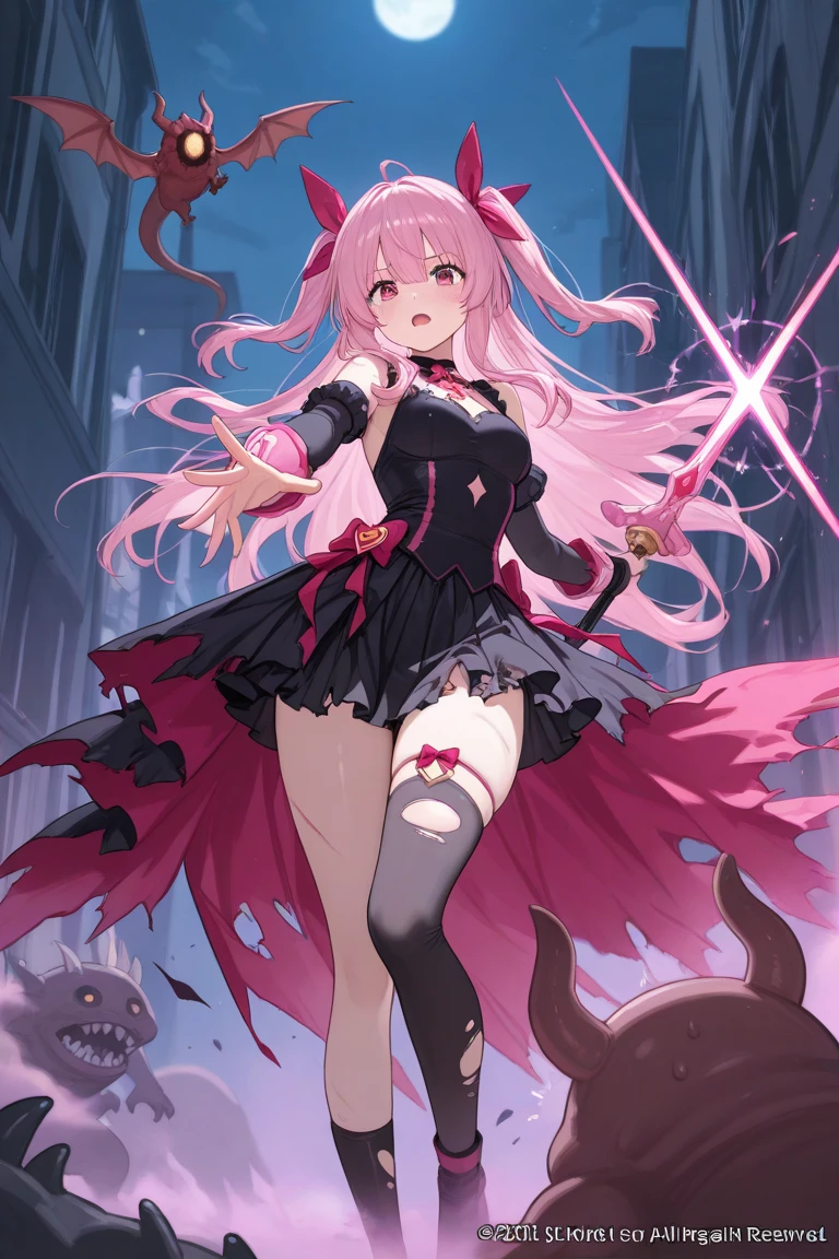 1girl,full ,full body,girly pose,dynamic pose,chained,blood in hair,string choker,body ,tail wrap,thigh strap,tattoo,solo, long hair, open mouth, weapon, pink hair, horns, pointy ears, fang, colored skin, demon girl, claws, colored sclera, black sclera, style_2, onnk,Noyu,loli,cheshire_\(azur_lane\),,mana,
