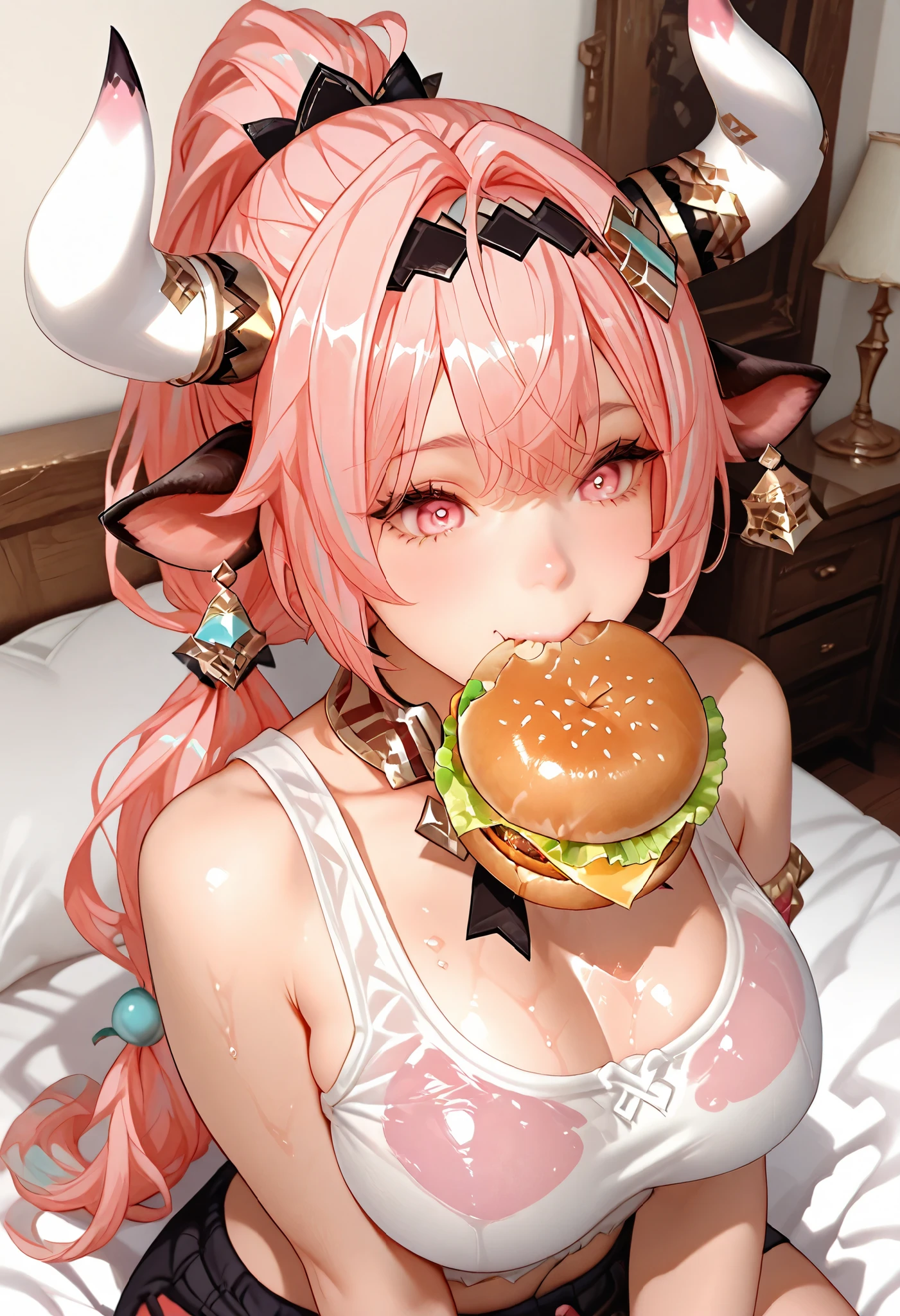 ultra detailed realistic busty varesa half body, pink hair, pink eyes, white tanktop wet, background, ray tracing, ponytail hair, sitting on the bed, cute face, has cow horn and ear accessories on head, eating burger